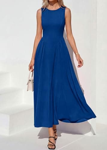 KIRUNDO Wedding Guest Dresses for Women 2026 Summer Semi Formal Work Sleeveless Elegant Boat Neck Flowy A Line Maxi Dress(Bright Blue, Large) - Thumbnail 6