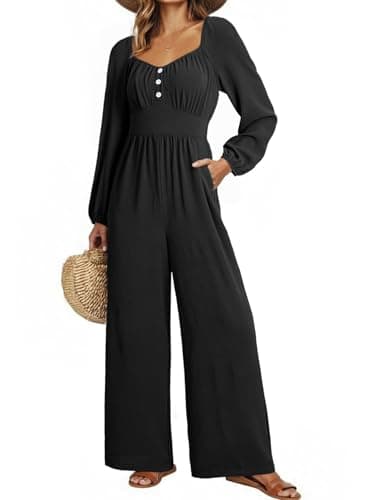 Dokotoo Jumpsuits for Womens 2026 Spring Lantern Sleeve Square Neck Maternity Flowy Romper Smocked Waisted Wide Leg Cruise Sexy Outfits Plus Size with Pockets for Wedding,Black X-Large - Thumbnail 2