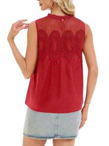 Funlingo Lace Mesh Tops for Women Crew Neck Swing Flared Embroidered Blouses Dressy Casual Tunic Shirt Summer Boho Red Peplum Top Red L - Thumbnail 4