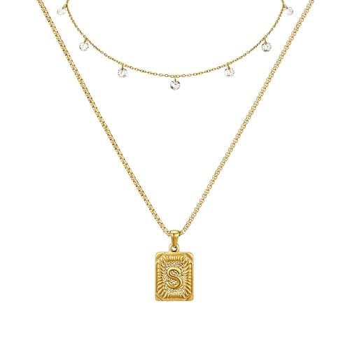 Nododugs Gold Layered Necklace for Women 18K Gold Plated for Women Rhinestone Choker Square Letter Pendant Necklace Gold Initial Necklaces Trendy Simple Jewelry Gifts (S, Gold) - Image 1