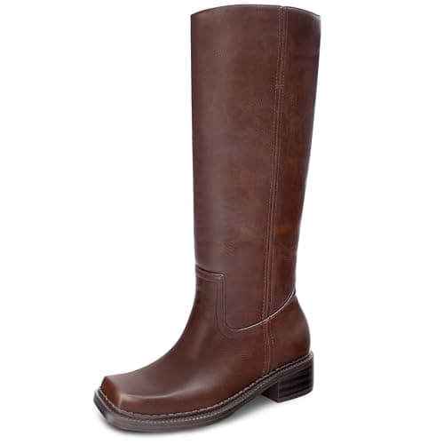 LeunDen Brown Banana Knee-High Boots for Women, Tall Riding Boots with Square Toe Low Chunky Heel Faux Leather Pull-On Campus Long Boots Size 10 - Image 1