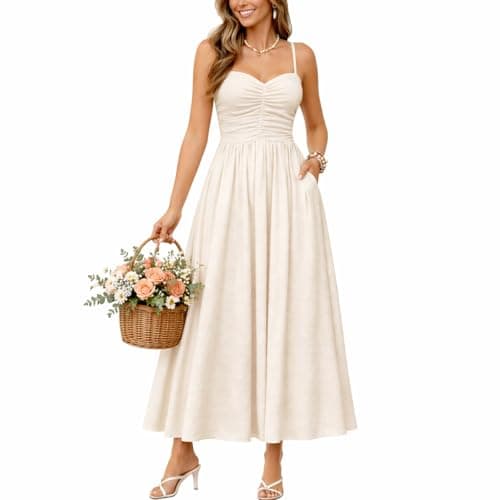 Women Ruched MidiDress with Pocket: Comfortable and Flattering Fit with Adjustable Straps,Perfect for Casual Wear White - Image 1