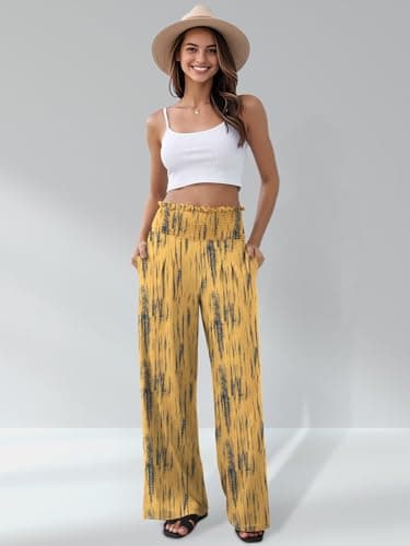 GEMLON Womens Wide Leg Pants High Waisted Palazzo Pants Summer Flowy Lounge Boho Pants with Pockets Yellow Print M - Thumbnail 4