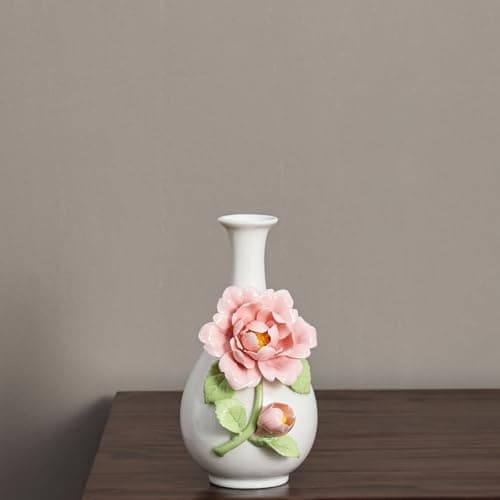 Handmade Pinched Flowers Ceramic Vase with One Ceramic Rose Flower, Home Decor Ceramic Vase for Dining Table, Living Room, Kitchen, Bedroom, Shelf, Office, Coffee Table, Restaurant & Fireplace Mantel - Thumbnail 5