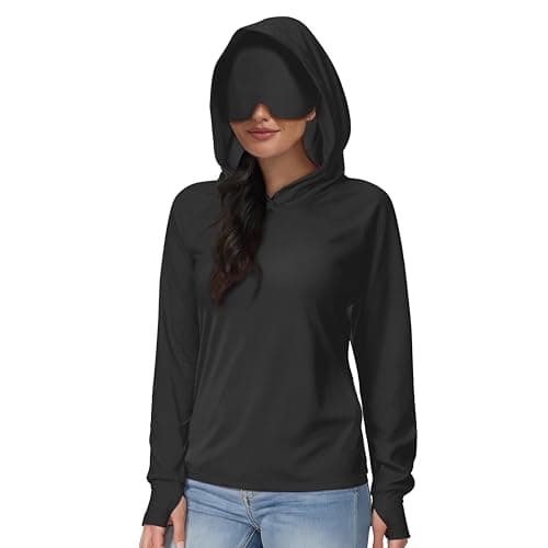 Kimmery UPF 50+ Hoodie with Eye Mask for Women Travel Sun Protection Shirt for Airplane Hiking Nap with Thumbholes Black M - Image 1