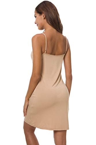 EaseWay Women's Basic Adjustable Spaghetti Strap Cami Under Mini Dress Camel - Thumbnail 3