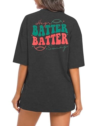 Baseball Shirts Women Oversized: Baseball Mom Tshirt Hey Batter Batter Swing Graphic Tee Ballparks Tops Grey - Thumbnail 4
