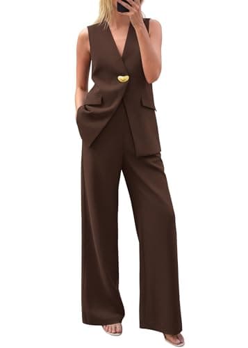 KIRUNDO Pant Suits for Women Dressy 2 Piece Business Casual Outfits Summer Sleeveless Blazer Vest Wide Leg Pantsuit Sets(Brown, Large) - Image 1