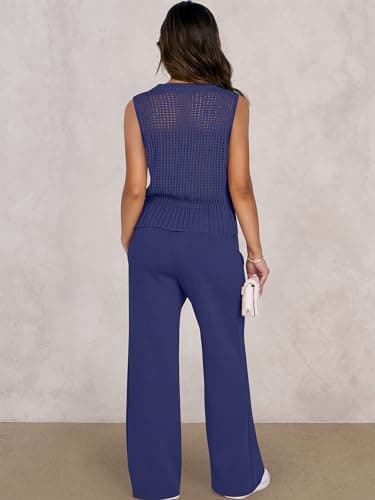 ANRABESS Women 2 Piece Summer Outfits 2026 Crochet Sweater Vest Wide Leg Pants Lounge Matching Sets Travel Vacation Clothes Navy Blue Small - Thumbnail 4