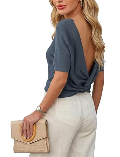 Tanming Womens Cropped Knit Sweater Short Sleeve Lightweight Casual Basic Tops Fall Summer Textured Pullover Sweaters(Navy-XL) - Image 1
