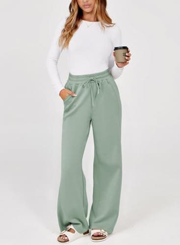 Dokotoo Wide Leg Pants Woman Fall Winter Women's Pants Fashion Trendy Palazzo Pants for Women Casual Elastic Waisted Loose Trousers for Women Smoke Green - Thumbnail 4