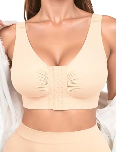 Easybunny Front Closure Compression Bras for Women Post Surgery Mastectomy Adjustable Straps Wirefree No Padding Nude L - Image 1