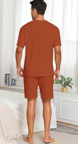 PrinStory Mens Pajamas Set Summer Pjs Sets Lightweight Short Sleeve Pajama Shorts Set Soft Sleepwear Loungewear with Pockets Caramel-XL - Thumbnail 5