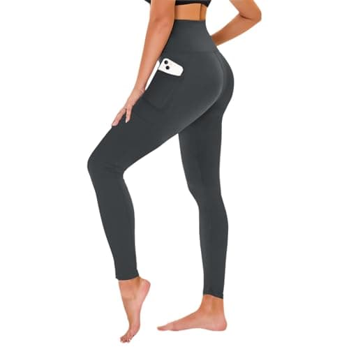 High Waisted Leggings for Women - No See Through Tummy Control Cycling Workout Yoga Pants with Pockets Reg & Plus Charcoal Grey - Image 1