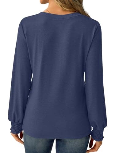 GKBK Womens Long Sleeve Shirts Fall Tops V Neck Business Dressy Casual Blouses with Smocked Cuffs Navy - Thumbnail 4
