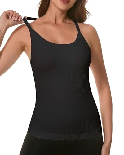 UG Active Women Built-in Bra Tank Tops Seamless Ribbed Tank with Pads Casual Fitted Cami Tank Black M - Image 1