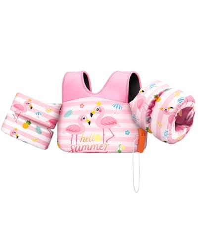 HeySplash Swim Vest for Kids, Toddler Pool Floaties Fit 33-66 Lbs, Children Swimming Vest with Adjustable Strap, Swim Jacket Water Wing Arm Float, Puddle Beach Boat Jumper Boy, White Pink Flamingo - Image 1
