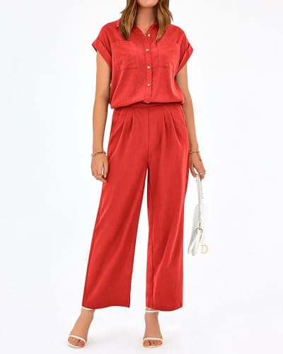 PRETTYGARDEN Womens 2 Piece sets Summer Cap Sleeve Tops Palazzo Pants Dressy Casual Vacation Travel Outfits Tracksuits(Red,Medium) - Thumbnail 5