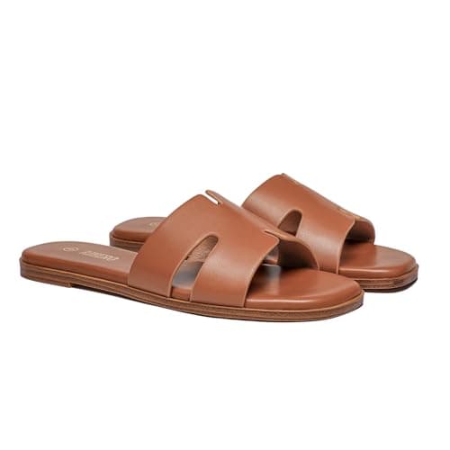 Rihero Women's Dressy Flat Sandals Comfortable Slip On Leather Slide Tan Sandals Size 7 - Thumbnail 6