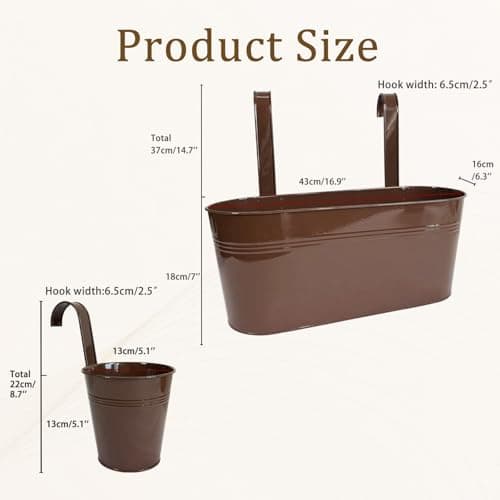 Joyfernal Set of 8 Outdoor Metal Railing Planters Box - 4 Pcs 5.12" Round Balcony Hanging Planter & 4 Pcs 17" Oval Fence Pot with Detachable Hooks Drainage, Chocolate - Thumbnail 3