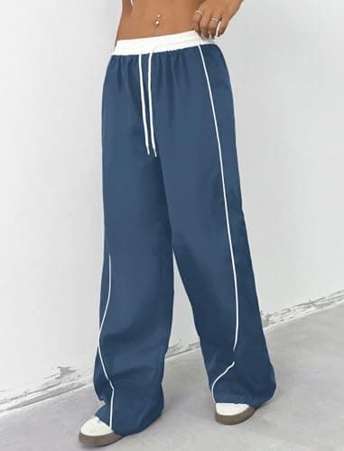 ZAFUL Womens Parachute Pants Y2K Wide Leg Cargo Sweatpants Drawstring Waist Jogger Pants with Pockets Blue XL - Thumbnail 5
