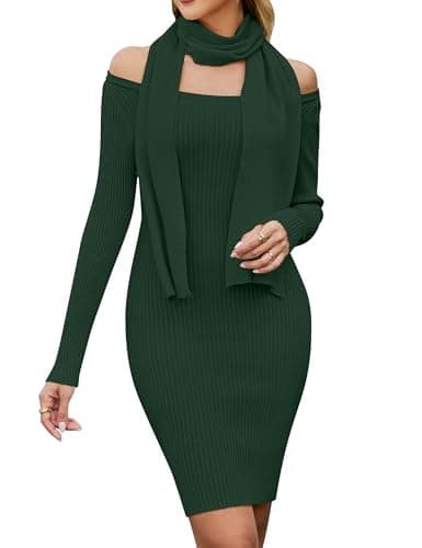 Blooming Jelly Womens Off Shoulder Sweater Dress Scarf Long Sleeve Mini Bodycon Dresses Fall 2025 Trendy Ribbed Ladies Winter Sweater (Large, Green) - Image 1