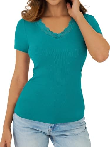 GKBK Ribbed Short Sleeve Tops for Women V Neck Lace Tops Going Out Fitted Tight Casual Basic Tee Shirts Spring Clothes 2026 Summer Fashion Outfits Ttendy Cyan - Thumbnail 6
