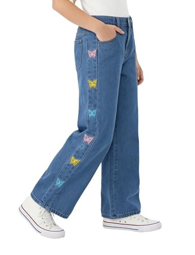 PATPAT Girls Jeans Denim Y2K Elastic Wasit Wide Leg Baggy Jean Trendy Preppy Pants Kids Clothes with Pockets Butterfly 9-10 Years - Image 1