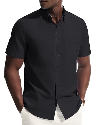 PJ PAUL JONES Mens Dress Shirts Oxford Button Down Shirt Short Sleeve Business Casual Untucked Shirts with Pocket Black L - Image 1