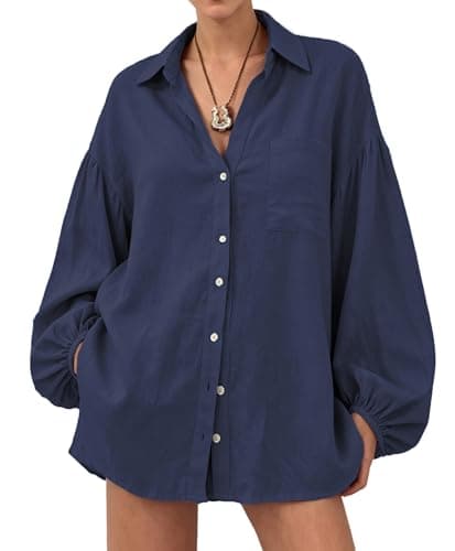 AceNest Puff Sleeve Linen Shirts Casual Summer Tops Cotton Linen Button Down Shirt Plus Size Navy XL - Image 1