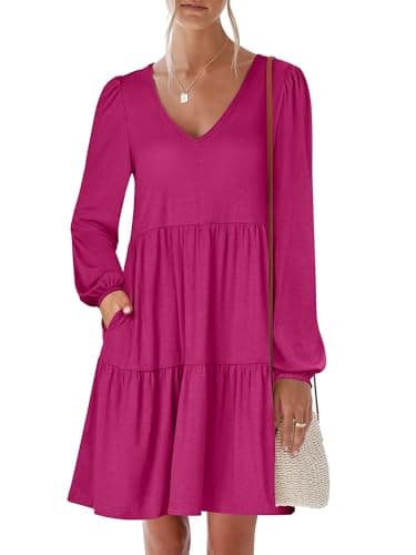 ANRABESS Womens Long Sleeve Dress 2026 Spring Casual V Neck Tiered Flowy Short Dresses Beach Travel Vacation Clothes Rose Medium