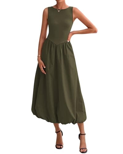 BTFBM Women's 2026 Summer Casual Sleeveless Midi Dress Patchwork Knit Tank Bubble Long Flowy Beach Maxi Sundress Pockets(Army Green, Small) - Image 1