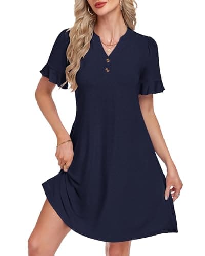 MOLERANI T Shirt Dress Casual Short Dress for Women Summer Ruffle Short Sleeve V Neck Sundress with Pockets Lightweight 2026 Cruise Vacation Beach Outfits Flowy, Navy Blue, M - Image 1