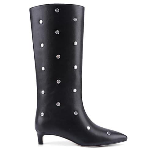 QIV Black Studded Knee High Boots Women Pointed Toe Kitten Heel Mid Wide Calf Boots with Zipper Size 9 - Image 1