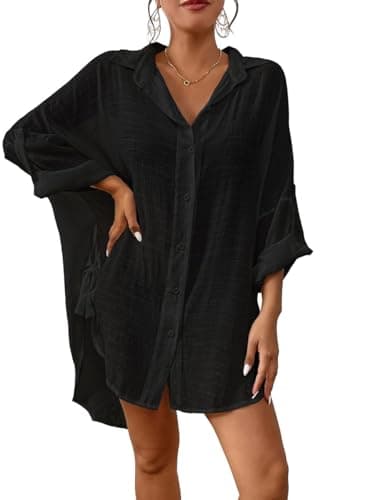 Bsubseach Linen Bathing Suit Cover Up Shirt Women Button Down Beach Cover Ups Split Tie Swimsuit Coverup Blouse Black S - Image 1
