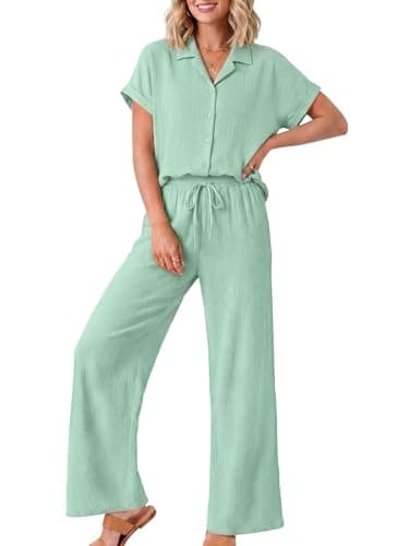 Casly Lamiit Womens 2 Piece Lounge Sets Summer Vacation Beach Travel Outfits Cap Sleeve Button Down Shirts Wide Leg Pants 2026 Aqua Green XL - Image 1