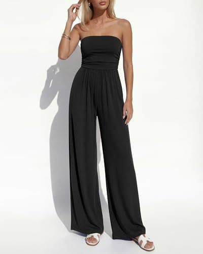 BTFBM Jumpsuits For Women Summer 2026 Beach Vacation Strapless Tube Top Jumpsuit Ruched Casual Wide Leg Pant Rompers(Black, Large) - Thumbnail 6