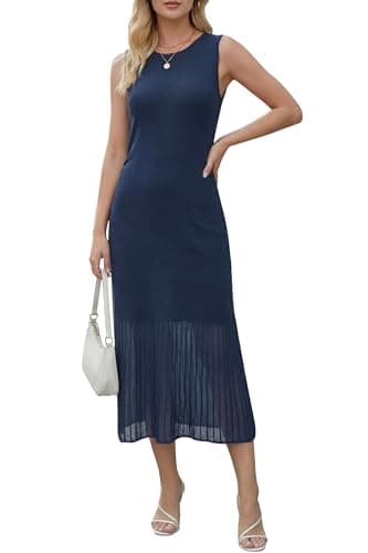 Arach&Cloz Women's Summer Shift Midi Tank Dresses 2026 Sleeveless High Neck Slim Fit Basic Knit Maxi Long Dress Spring Fashion Business Work Clothes Date Night Wedding Guest Outfits Navy Blue M - Image 1