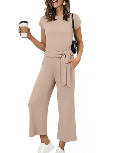 ANRABESS Women 2 Piece Outfits 2026 Summer Lounge Sets Cap Sleeve Tie Waisted Top Wide Leg Pant Airport Vacation Travel Sets Almond Medium - Image 1