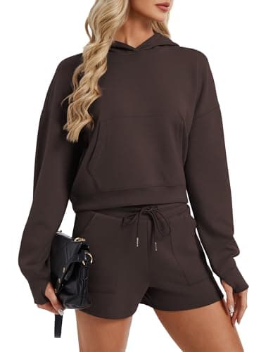SPECIALMAGIC Women's 2 Piece Scuba Hoodie and Shorts Set Cozy Stretchy Sweatsuit Set Athleisure Outfit Lounge Street Chocolate Brown Medium - Image 1