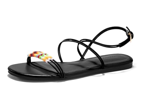 Coutgo Womens Strappy Flat Sandals Open Toe Lace Up Beaded Gladiator Flats Ankle Strap Summer Beach Shoes, Black, Size 8 - Thumbnail 4