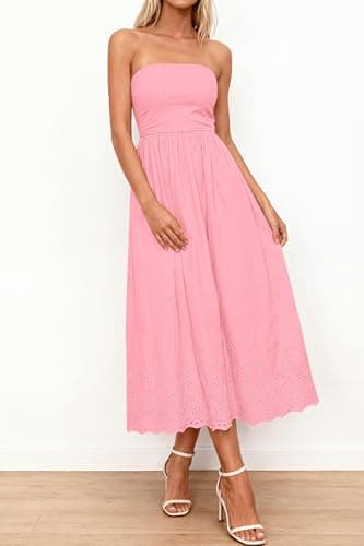 PRETTYGARDEN Womens Summer Dresses 2026 Sexy Sleeveless Tube Top Long Dress Eyelet Cotton Maxi Beach Sundress Pockets(Pink,Large) - Thumbnail 4
