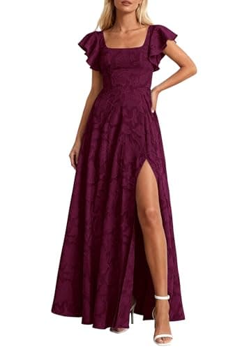 KIRUNDO Cocktail Dresses for Women Elegant Wedding Guest Summer Formal Maxi Lace Floral Slit Prom Party Bridesmaid Dress (Burgundy, Medium) - Image 1