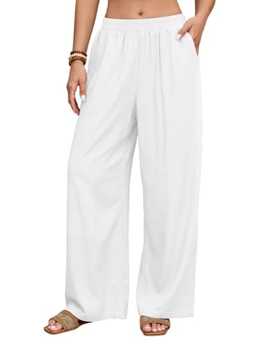 HEEKPEK White Linen Pants Women Wide Leg Summer Flowy Elastic Waist Palazzo Beach Vacation Clothes Travel Trousers with Pockets (White,Large) - Image 1