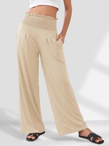 GEMLON Womens Pants High Waisted Palazzo Pants Wide Leg Long Pant Casual Lounge Trousers with Pocket(Beige,2XL) - Thumbnail 5