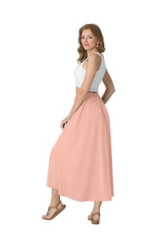 HiMONE Women's Silk Flowy Maxi Skirts with Pockets Summer Drawstring Elastic Waisted Pleated A Line Long Skirt for Women 2026 Pink M - Thumbnail 4