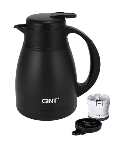 GiNT Insulated Coffee Carafe 34 Oz, Small Stainless Steel Flask for Hot Coffee with Fully Washable Detachable Lid, Portable Thermal Pitcher One-Hand Push Button Tea Dispenser for Travel Camping Office