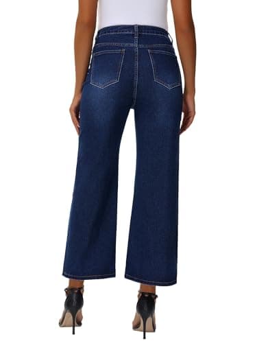 Genleck Women's Wide Leg Jeans – Cropped High Waisted Trendy Front Pockets Jeans Stretchy Capri Baggy Cute Denim Pants 2025 Midnight Blue - Thumbnail 2