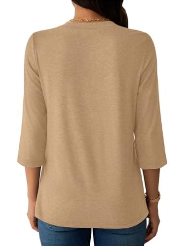 GKBK Womens Tops 3/4 Length Sleeve V Neck Button Down Short Sleeve Shirts Business Casual Basic Tees Summer Fashion 2026 Dressy Casual Going Out Blouses Trendy Outfits Khaki M - Thumbnail 3