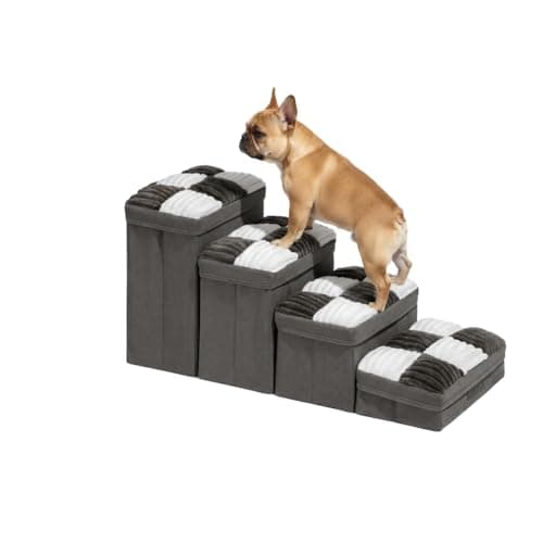 Dog Stairs with Storage, 4-Step Chessboard Plaid Handcrafted Dog Steps for Small Medium Dogs Cats, Folding Sturdy Pet Stairs Climbing Bed or Sofa, Grey - Image 1